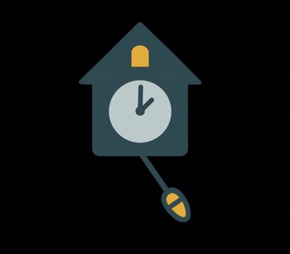 Animated illustration of a classic cuckoo clock house with swinging pendulum, symbolizing time management, punctuality, and schedule reminders.
