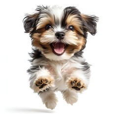 Adorable Happy Puppy Jumping - Playful Small Dog on White Background. Generative AI