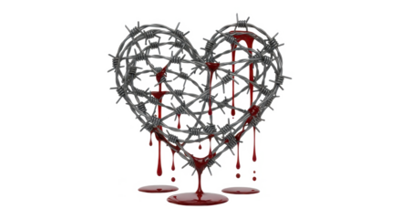 A barbed wire heart, dripping blood, symbolizes pain and heartbreak.