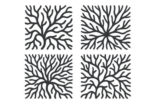 Set of abstract organic patterns. Tree root system, neuron network, or coral branch silhouette. Minimalist vector icons for biology, nature, or technology concepts.