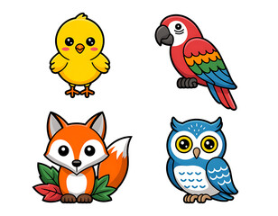 Adorable cartoon animals including a chick parrot fox and owl in a cute illustration