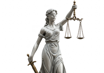 Statue of lady justice holding scales and sword isolated on transparent background