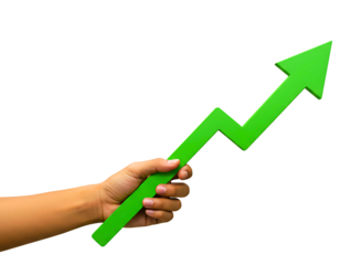 Hand holding a green upward trending arrow isolated on transparent background
