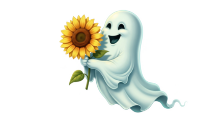 A cheerful ghost holding a sunflower, a whimsical illustration.
