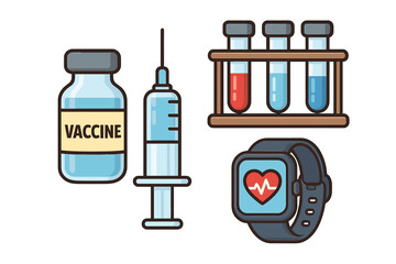 Medical technology and health monitoring. Vaccine, syringe, injection, test tubes for blood test. Smartwatch for heart rate. Healthcare and medicine vector icons set.