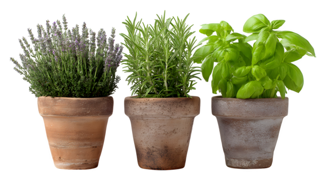 Fresh culinary herbs lavender rosemary basil in rustic pots evoke natural freshness and garden bounty for healthy cooking and home decor inspiration