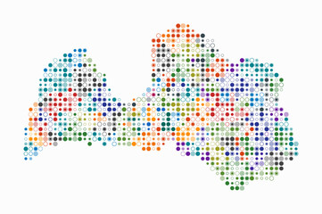 Obraz premium Latvia, shape of the country build of colored cells. Digital style map of the Latvia on white background. Small size circle blocks. Simple vector illustration.