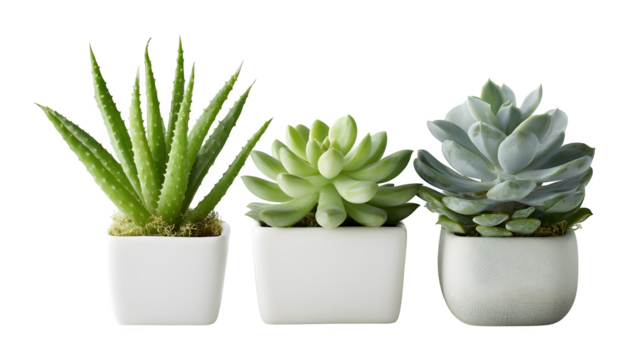 Three vibrant succulents in modern white pots bring natural beauty and serene elegance to any home or office space, enhancing wellness and decor.