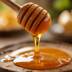 Close-Up of Golden Honey Flowing from Wooden Honey Dipper