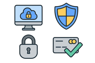 Cyber security icon set. Online data protection, secure cloud computing, and safe digital payment concept. Padlock, shield, credit card verification for web security vector.