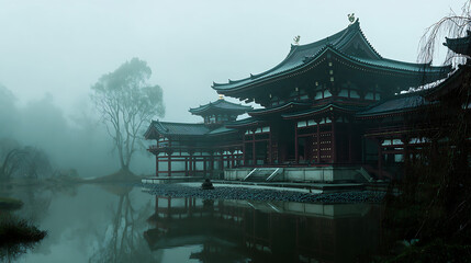 Obraz premium A serene Buddhist temple shrouded in morning fog (1)