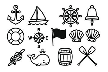 Nautical symbols and maritime elements icon set. Sea collection with anchor, ship wheel, compass, boat. Simple black and white line art. Sailor, marine adventure vector icons.