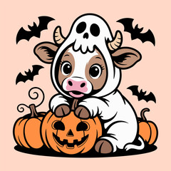 Cute Cow in Ghost Costume with Pumpkins and Bats for Halloween