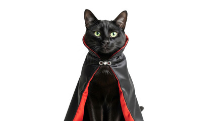 Black cat wearing a red and black vampire cape, looking directly at the camera.