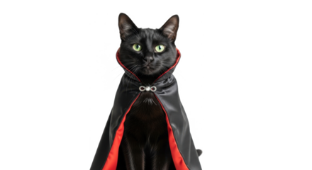 Black cat wearing a red and black vampire cape, looking directly at the camera.