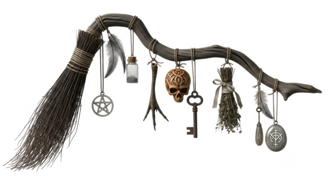 Witchcraft paraphernalia adorns a rustic wooden branch, featuring a broom, skulls, and other mystical objects.