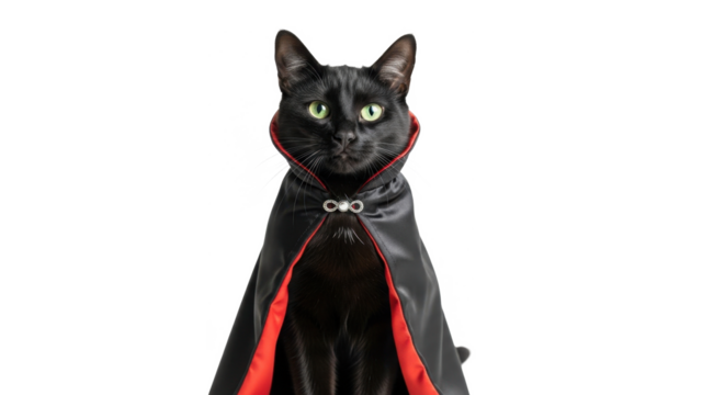 Black cat wearing a red and black vampire cape, looking directly at the camera.