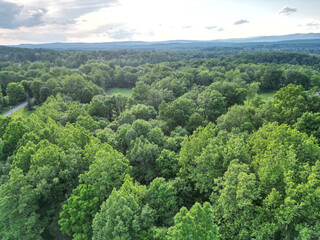 aerial view of empty road in the hudson valley farm rural suburban power line electrical wires nobody travel drive beautiful