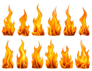Realistic Orange Flames Flickering Upwards, Isolated on Transparent Background 