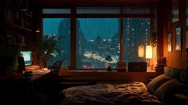 Cozy bedroom interior with a view of a rainy cityscape through a large window at nighttime