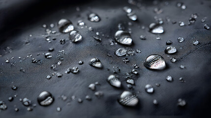 Close-up of water droplets on waterproof jacket fabric; showcasing its water-resistant properties. Ideal for outdoor gear, apparel, and textile advertising.