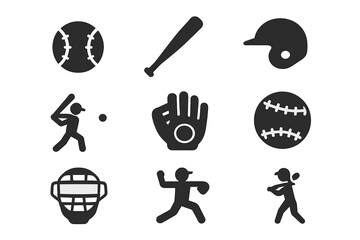 Baseball softball icon collection. Minimalist vector pictogram set with player silhouette, batter, pitcher, ball, bat, glove, helmet, and mask. Sport game equipment symbol.