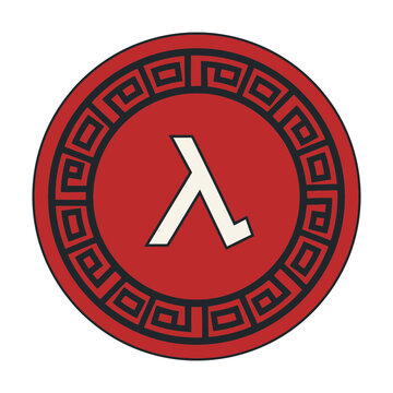 Red circle symbol featuring a white lambda character inside a decorative border.