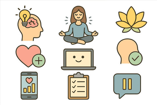 Mental health and wellness icon set. Vector icons for mindfulness, meditation, self care, psychology concept. Brain idea, yoga, mood tracker, checklist for digital well being.