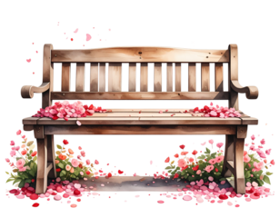 Watercolor Icon of a Wooden Bench Covered in Flower Petals, Front View, Isolated on Transparent Background 