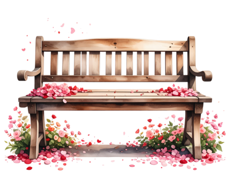 Watercolor Icon of a Wooden Bench Covered in Flower Petals, Front View, Isolated on Transparent Background 