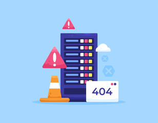A data center error concept. Problems with data storage facilities. Data storage and management systems. trouble and notification. illustration of server device, warning sign, 404 code. flat style