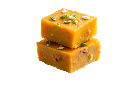 Photo of two stacked orange sweet dessert squares garnished with nuts and seeds, isolated on transparent background