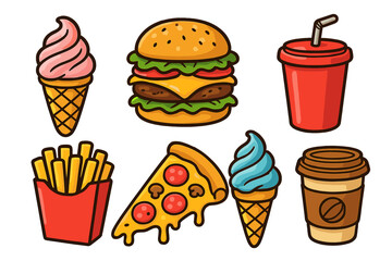 Set of cute cartoon fast food icons. Vector collection with hamburger, pizza slice, french fries, soda drink, coffee cup and ice cream cones. Junk food meal illustration.