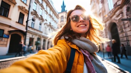 Prague, Czech Republic. A woman in a yellow jacket and sunglasses takes a selfie on a city street. - Powered by Adobe