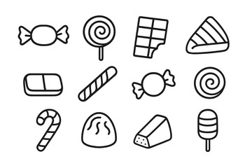 Sweets and candy line icon set. Chocolate, lollipop, bonbon, cake, dessert collection. Vector outline illustration for food, party, sugar concepts. Simple graphic elements.
