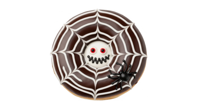 A Halloween-themed donut with a chocolate glaze, spiderweb design, and a spooky face.