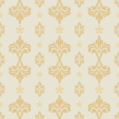 Seamless golden damask pattern on cream background, elegant ornamental floral design for wallpaper, textiles, and luxury home decor.