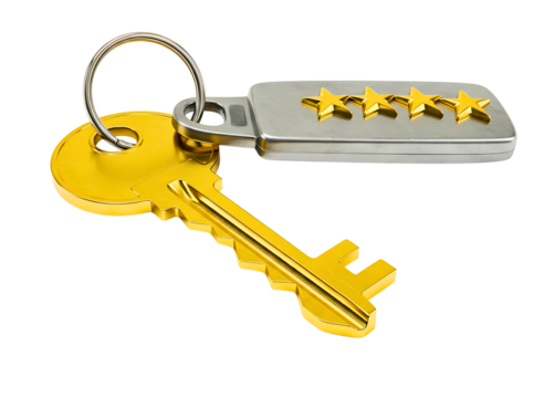Golden key with star keychain isolated on transparent background
