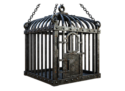 Antique medieval iron cage hanging isolated on transparent background