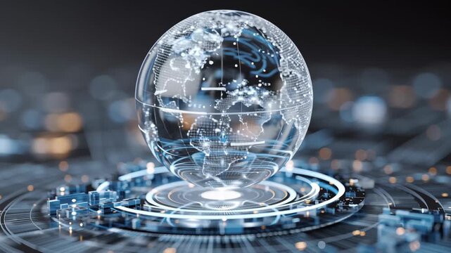 Futuristic globe hologram quantum computing technology network data security innovation abstract blue glowing digital glass network innovation