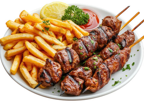 Meat skewers and french fries with lemon and ketchup isolated on transparent background