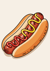 An appetizing illustration of a classic hot dog nestled in a bun, generously topped with vibrant yellow mustard and rich red ketchup.