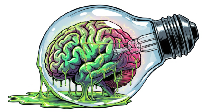 A human brain encased within a lightbulb, with green liquid oozing out, symbolizing ideas.