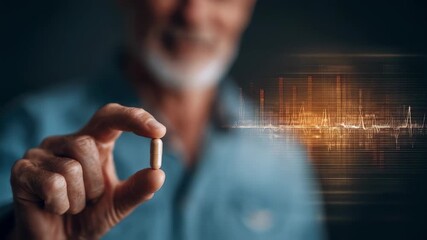 Focused view of a person holding a pill against a softly lit background featuring an outoffocus circadian rhythm chart symbolizing synchronized antihypertensive drug intake during