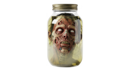 A grotesque, severed head of a zombie preserved in a glass jar, displayed with a white background.