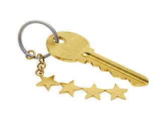 Golden key with star keychain isolated on transparent background
