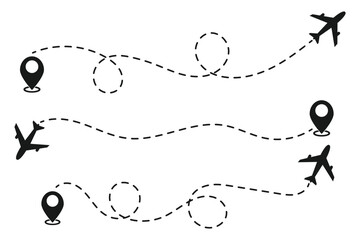
Airplane dotted route line set. Airplane dashed line path flat style design isolated on white background. plane icon follow from start pin point to finish by dashed line. Airplane route trace flight