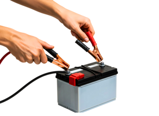 Hands connecting jumper cables to a car battery isolated on transparent background