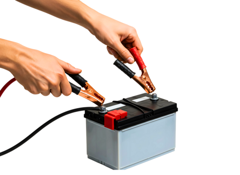 Hands connecting jumper cables to a car battery isolated on transparent background - Powered by Adobe