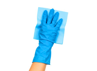 Hand in blue glove wiping with microfiber cloth isolated on transparent background